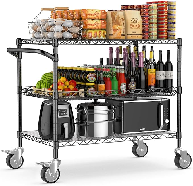 Leteuke Heavy Duty Rolling Utility Cart, 45 Inch Kitchen Carts with Wheels, NSF Commercial Grade with Handle & Shelf Liners, 1120LBS Storage Cart for Kitchen,Restaurant,Plant Display-Black