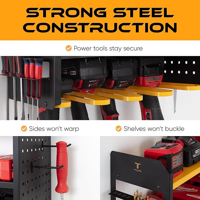 Power Tool Organizer Wall Mount, 4 Layer Heavy Duty Metal Tool Storage Rack with 4 Drill Holders, Pegboard Side Panels & Hooks, Garage Tool Organizer Wall Mount for Cordless Tools, Workshop, Shed