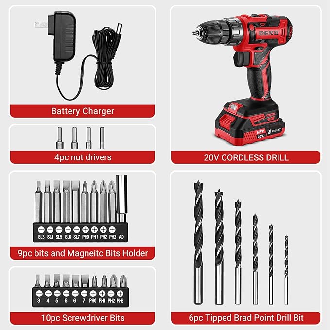 Power Drill Cordless: DEKO PRO Cordless Drill 20V Electric Power Drills Set Tool for Women with Battery and Charger 20 Volt Drills Driver Kit Red