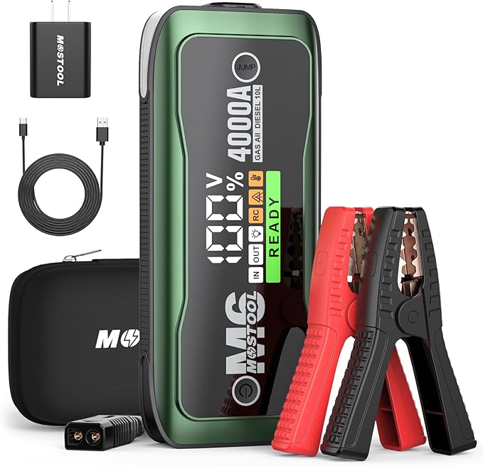 MOSTOOL M6 4000A Portable Jump Starter with AC Adapter, Startup to All Gas and 10.0L Diesel Engines, Battery Jumper Starter Portable for 12V Car Battery Jump, Smart LCD Screen Jump Box for Car, Green