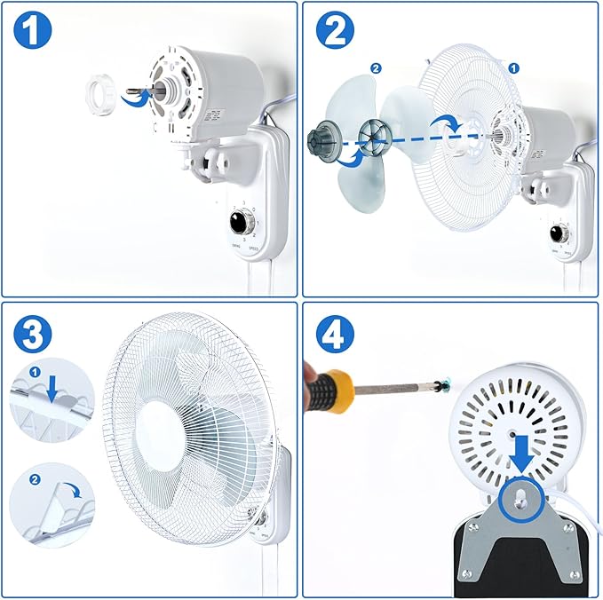 Aottop 16-Inch White Wall Mount Fan with Pull Chain and Knob Control, 2-Pack | 3 Speeds,Oscillating,Ideal for Bedroom, Living Room, and Office