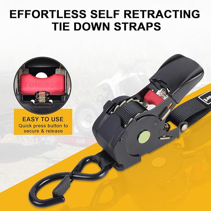 Ayaport Retractable Ratchet Straps 1in x 12.5ft – Heavy Duty 1200lbs Break Strength Ratchet Straps Self Retractable Tie Down with S Hooks for Motorcycles, Dirt Bikes, Atvs, Trucks, Cargo, Trailers