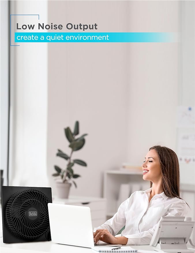 BLACK+DECKER 9-Inch Frameless Box Fan, Freestanding Desk Fan with 3-Speed Settings, Portable Fan for Home Office or Garage, BFB09B, Black