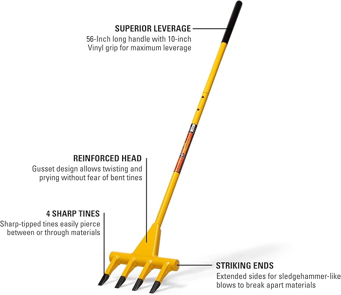 Honey Badger Demolition Fork, 56-inch 4-tine Wrecking Pry Bar, Multipurpose Tool for Flooring, Siding, Trim, Drywall, Roofing, and Decking