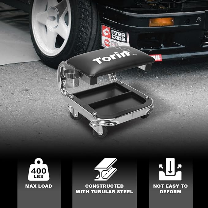 AR7451B Torin Heavy Duty Rolling Creeper Garage/Shop Seat: Padded Mechanic Stool with Tool Tray Storage and Cup Holder, Black