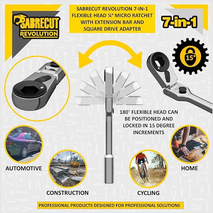 1 x SabreCut MRSC07 7-in-1 Flex Head 6.3mm 1/4" HEX Magnetic Mini Micro Ratchet with Extension Bar and 1/4" Square Drive Socket Adapter Stainless Steel Professional 60 Tooth Gear Hand Ratchet Wrench
