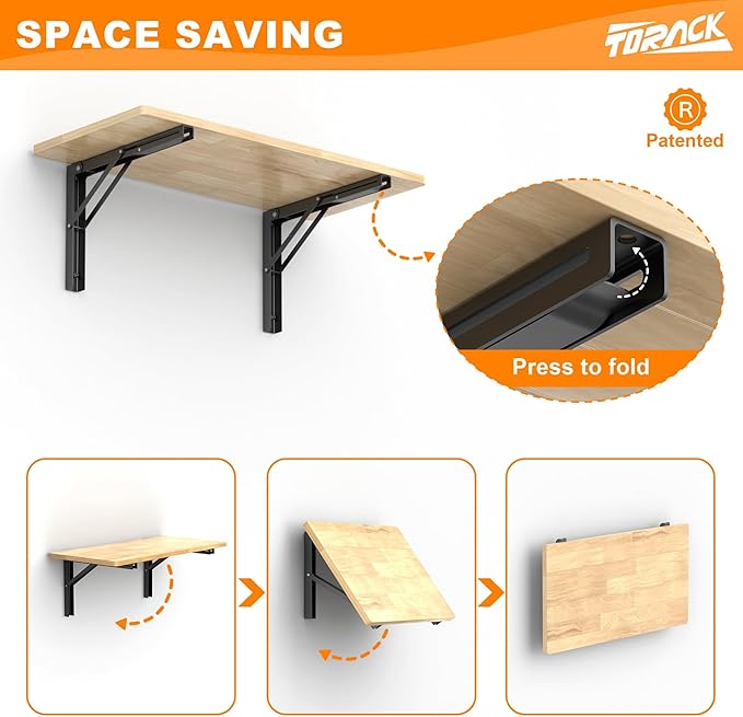 TORACK Heavy Duty Wall Mounted Folding Workbench, Space-Saving Collapsible Wall Table/Desk for Garage Workshop, Holds Up to 150 lbs(Board Size: 31.5 x 15.75 in)