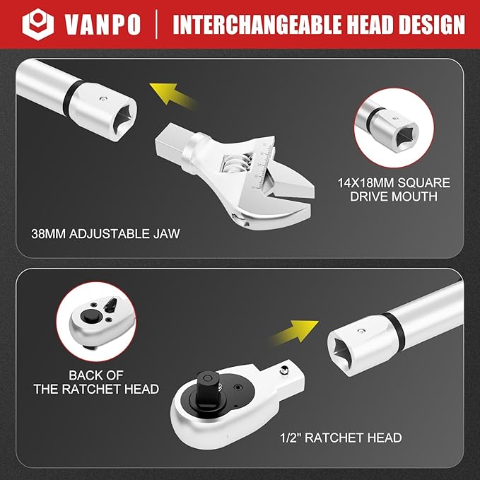 VANPO Adjustable Digital Torque Wrench, 5-99.6Ft.lb/6.8-135Nm, ±2% Accuracy, HVAC Torque Wrench with Interchangeable 38mm Jaw & 1/2" Ratchet, Buzzer, Vibration and LED Alert for Split AC, Moto, Car