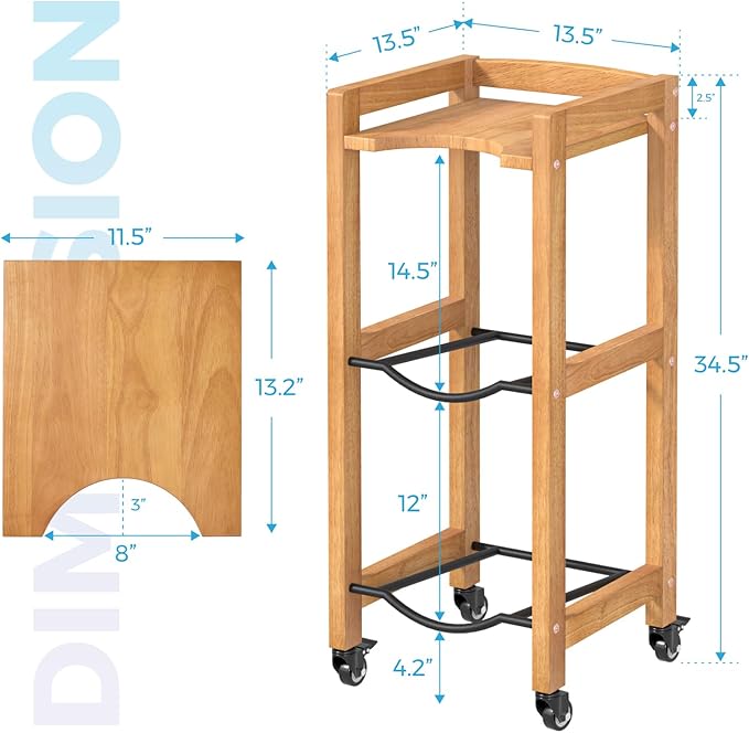 3-Tier 5 Gallon Water Jug Holder with Top Shelf – 4 Metal Wheels or Adjustable Feet – Natural Hardwood Water Dispenser Floor Stand – Wooden Organizer for Kitchen, Office, Garage – Space-Saving Design