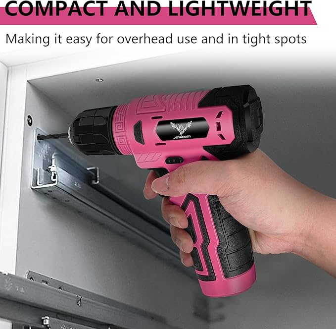 8V Cordless Drill, Electric Screwdriver for Women, Pink Drill Set with 3/8"Keyless Chuck, Built-in LED, Type-C Charge Cable, Variable Speed Trigger