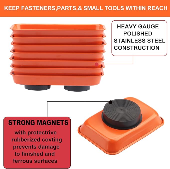 14 PCS Magnetic Trays, Include 7 PCS 5.9X2.6Inch & 7 PCS 3.7X2.5 Inch, Magnet Tool Tray, Magnetic Parts Tray, Orange, by GENHAKON