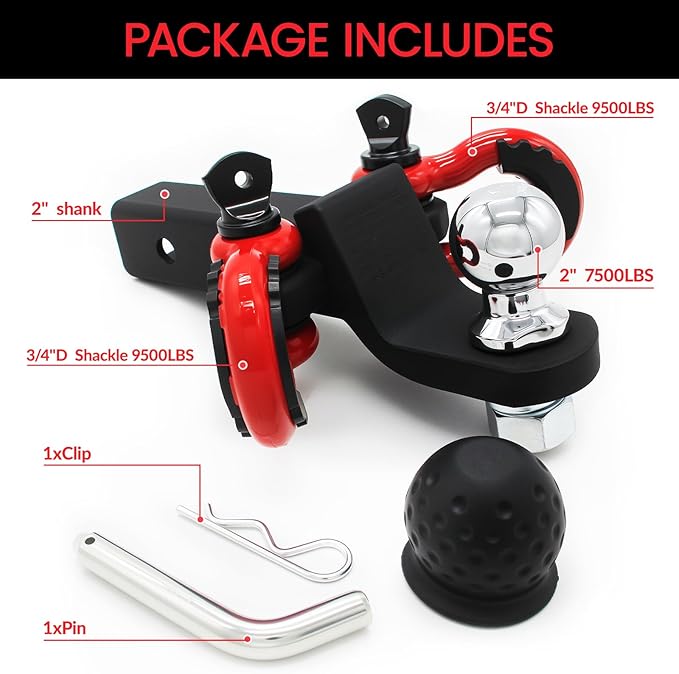 Trailer Hitch Ball Mount with 2 D Ring Tow Shackles Compatible with 2" Hitch Receiver 7500 lbs Capacity, 2" Ball Hitch and 3/4" Red Shackle Combo Suitable for Trucks, Suvs, Sedans, and Other Vehicles
