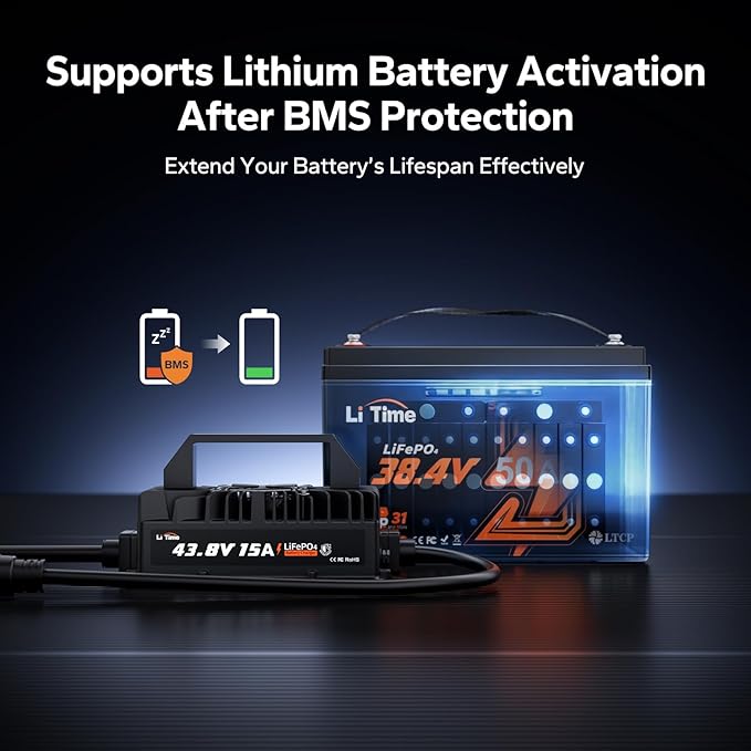 LiTime 36V (43.8V) 15A Lithium Battery Charger, IP66 Waterproof AC-DC LiFePO4 Battery Charger Support 0V Wake Up, Overcharge & High-Temp Protection Trickle Charger for Golf Cart, RV, Boat
