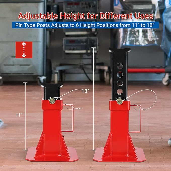 Heavy Duty Pin Type Professional Car Jack Stand with Lock, Automotive Jack Stands for Supporting Trucks Trailers Car, Adjustable Height 11"-18", 12 Ton (26,400 Lb) Capacity, Red, 1 Pair