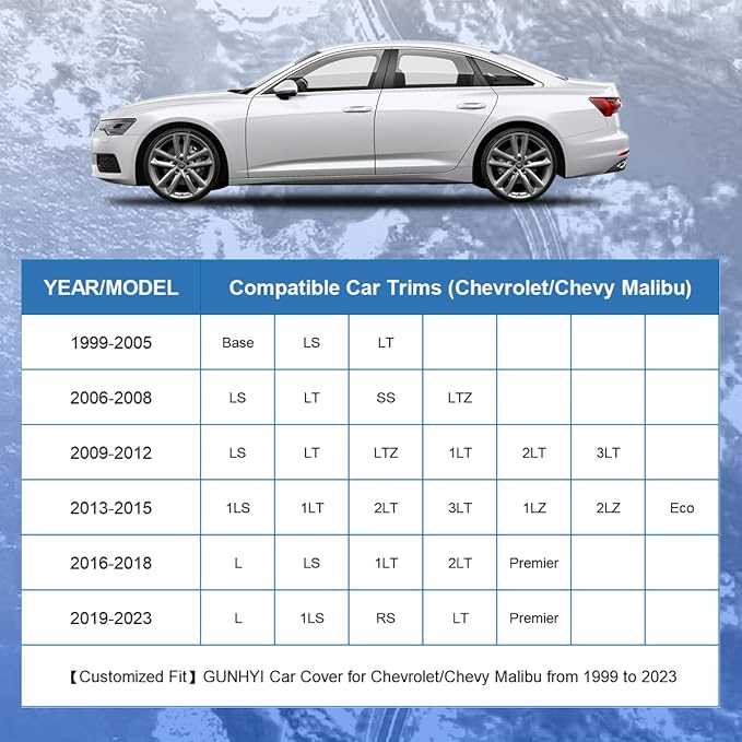 Chevrolet Car Cover Custom Fit Chevrolet Chevy Malibu Waterproof All Weather, Lightweight Full Exterior Cover for Automobiles Outdoor Sun UV Rain Dust Snow Wind Protection.