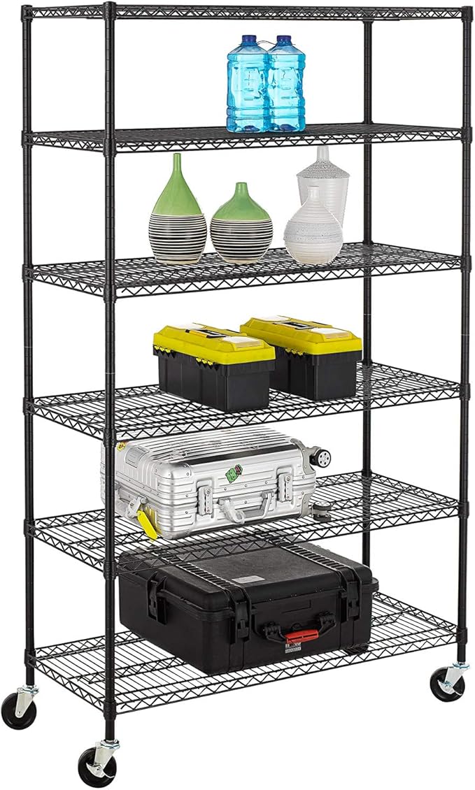 BestMassage Wire Shelving Unit Heavy Duty Garage Storage Shelves Large Metal Shelf Organizer 6-Tier Height Adjustable Commercial Grade Utility Steel Rack with Wheels,18 x 48 x 72 (Black)