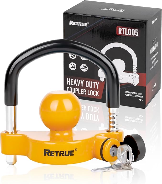 RETRUE Universal Trailer Ball Lock Hitch Coupler Locks Fits 1-7/8 Inch, 2 Inch, 2-5/16 Inch Couplers Adjustable Security with Weatherproof Cover and Cap, Yellow