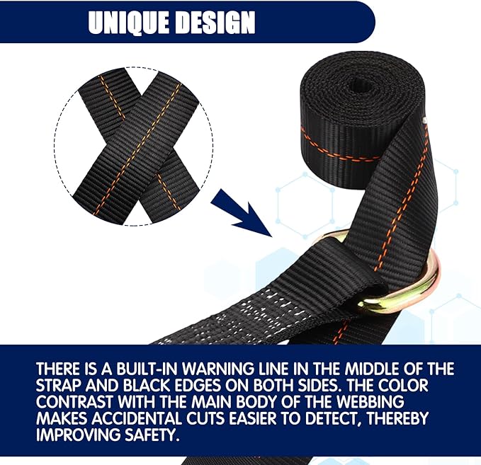 8 Pack Lasso Tow Truck Straps with D Ring 11, 000 Lbs Break Strength D Ring Auto Tie Down Wheel Lift Trailer Strap for Hauling Utv SUV Wrecker Rollback (2" X 12ft,Black)