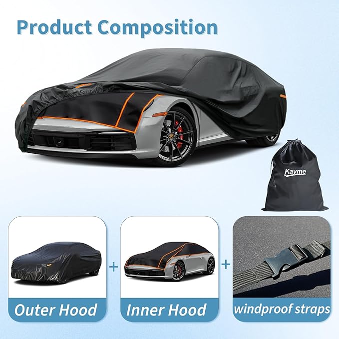 Kayme Hail Protector Car Cover, Anti Hail Multilayer Thickened Full Car Cover,Outdoor Waterproof All Weather Custom Fit Porsche 911, Honda Civic, Toyota Corolla, Nissan Sentra, Mazda 3, Audi A3 etc