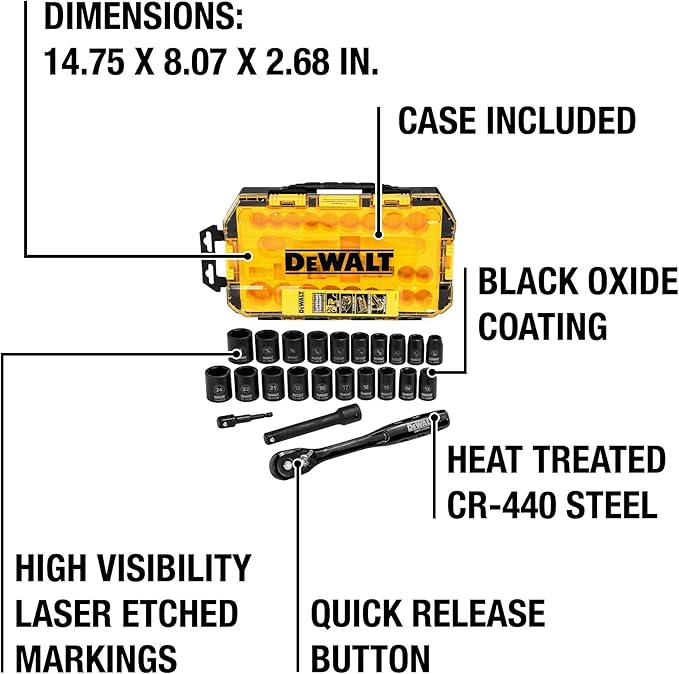 DEWALT Impact Socket Set with Ratchet, Metric/SAE, 1/2" Drive, 23-Piece Set with Case (DWMT74739)﻿ ﻿