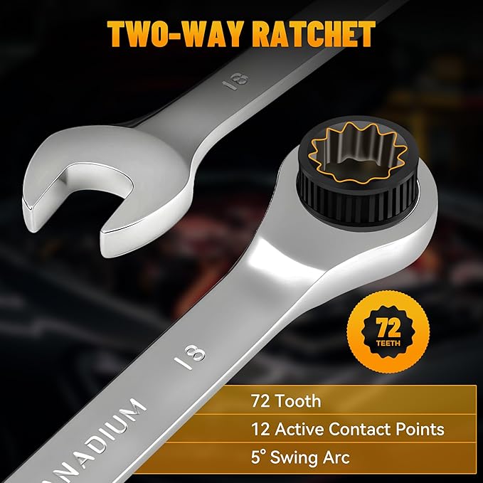 Ratchet Wrenches Set, 22-Piece Combination Wrench Set, Metric & SAE, Anti-Slip Grip, CR-V Steel, 1/4" to 3/4" & 6mm to 18mm, Portable Oxford Pouch Organizer