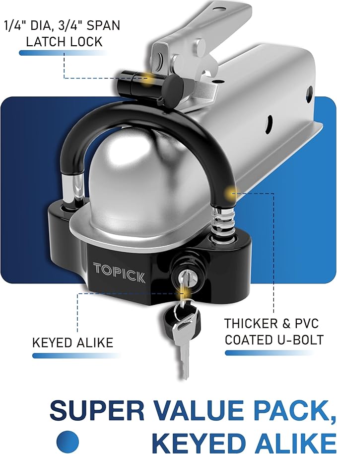 TOPICK Universal Trailer Hitch Lock Set, Includes Heavy-Duty Coupler Ball Lock & Coupler Latch Lock, Keyed Alike, Anti-Theft, All-Weather Protection for RVs, Boats, Trucks & Utility Trailers