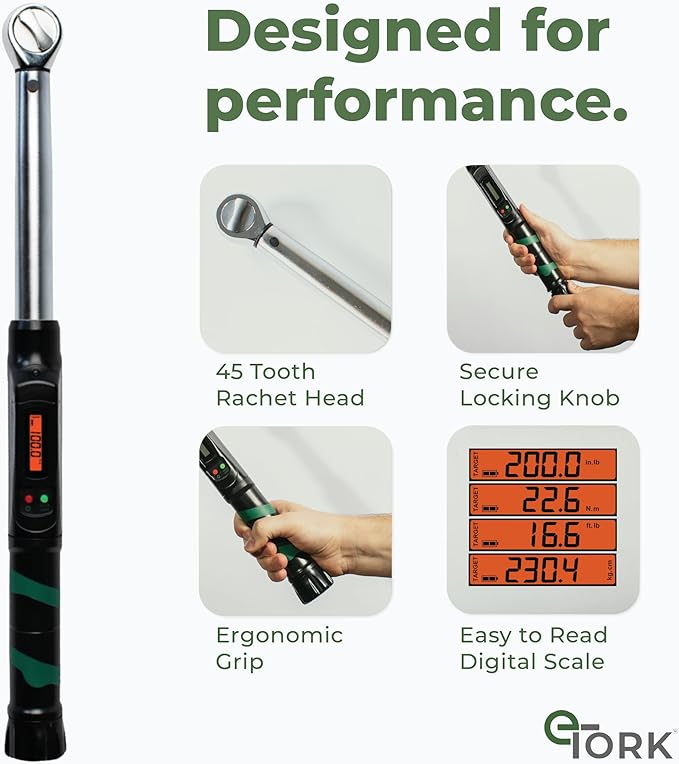 Digital Torque Wrench 3/8 Drive (10-100 ft-lb) - Electronic Torque Wrench w/Precision Click-Style Display - Adjustable Mechanic Tool for Automotive, Motorcycle, Bike Maintenance & Small Engines
