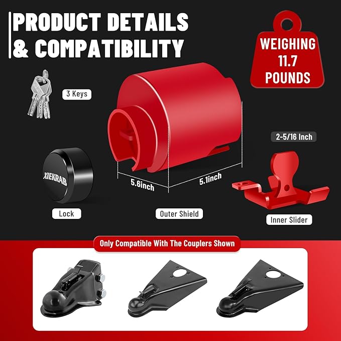 Trailer Lock Fits 2-5/16” Couplers, Heavy-Duty Trailer Hitch Lock with 304 Stainless Steel Core, Fixed Safety Chain Anti-Theft Ball Hitch Lock for RV, Boat, Utility & Cargo Trailers – Red