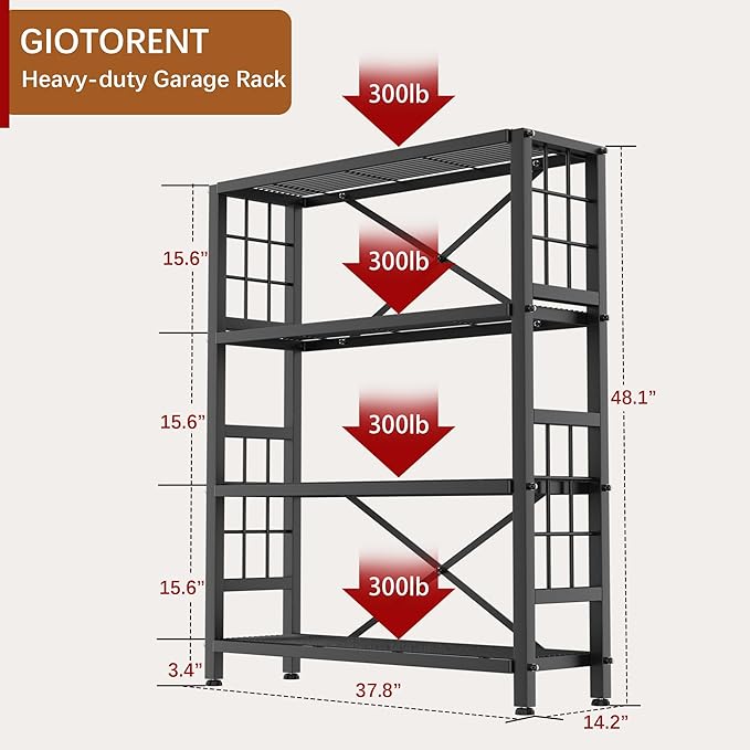 GIOTORENT 4-Wire Heavy-Duty Shelf, Standing Storage Shelves, Metal Shelving Unit Pantry Rack, 1200LB Load Capacity, for Garage Kitchen Organizer (Black)