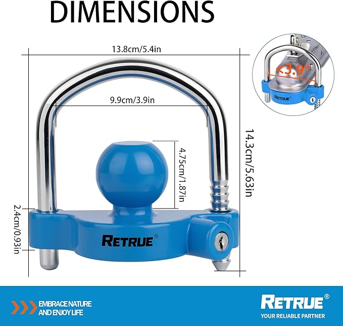 RETRUE Universal Coupler Lock Trailer Locks Ball Hitch Trailer Hitch Lock Adjustable Security Heavy-Duty Steel Fits 1-7/8 Inch, 2 Inch, 2-5/16 Inch Couplers, Baby Blue
