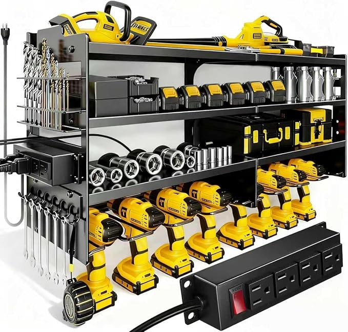 Heavy Duty Power Tool Organizer Wall Mount with Charging Station, 4 Layer Tool Storage Rack with 8 Drill Holder & Power Strip for Garage Workshop