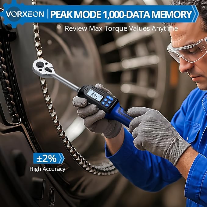 3/8 Digital Torque Wrench (4.9-99.6 Ft-Lb/6.8-135 Nm) ±2% Precision, LED+Buzzer Alerts, 4 Units – Nm, Ft-Lb, In-Lb, Kg-Cm