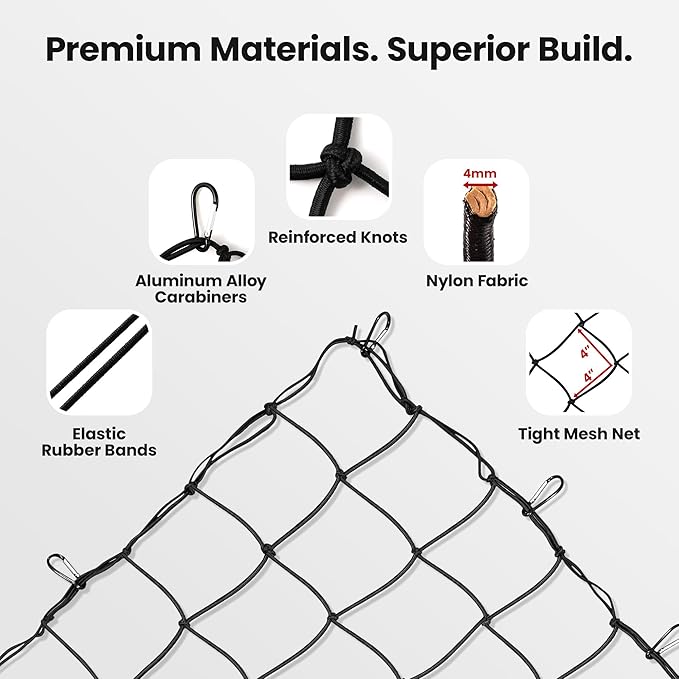 Cargo Net for Pickup Truck Bed, 2.6'x3.3' Stretches to 4'x6', High Elasticity 12 Carabiners & Storage Bag for SUV, Trailer & Boat