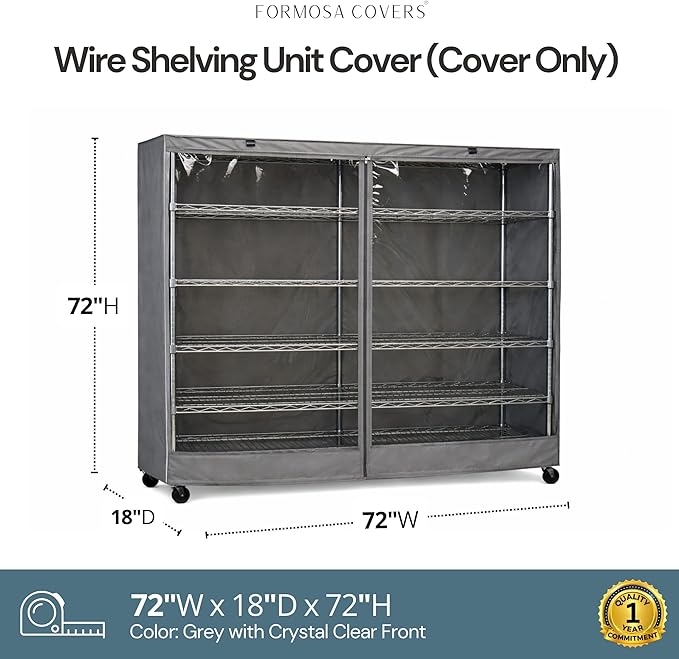 Formosa Covers Premium Clear Front Wire Shelf Cover Grey - Heavy-Duty Storage Solution Wire Rack Cover (72”Wx18”Dx72”H) - Waterproof PVC, Water/Dust Resistant Fabric, Multi Zipper (No Shelf)