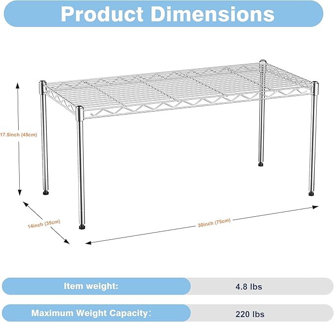 1-Tier Wire Shelf Rack,30" Wx14 Dx17 H,Single Metal Shelves Rack,Height Adjustable Metal Wire Shelving Unit and Storage for Kitchen,Cabinet,Countertop,Under-Sink,Closet,Pantry,Studio