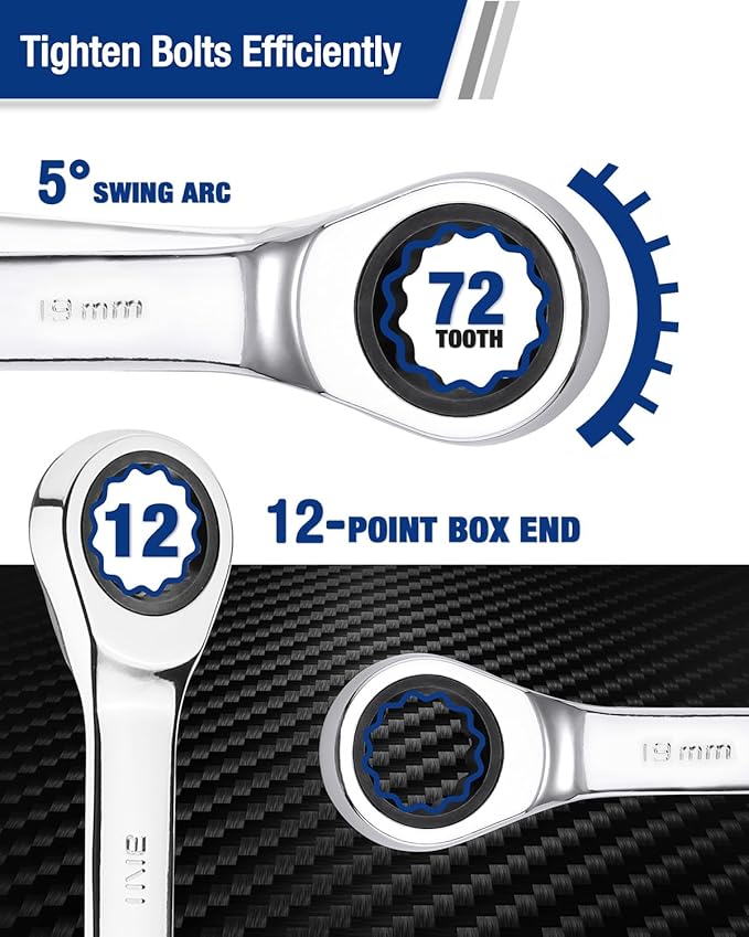 WORKPRO 19 mm Ratcheting Combination Wrench Metric, CR-V Constructed with Mirror Polish Chrome Plating, 12-Point Design, 15-Degree Offset