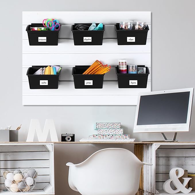 Mifoci 12 Pcs Storage Bins for PVC Slatwall Plastic Bin with Stickers Pens Slatwall Accessories for Organizing Hardware Craft Storage Tool Organizer Garage Craft Room Tool Shed(Black)