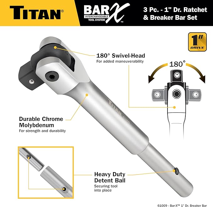Titan Bar-X 61323 3-Piece 1-Inch Drive Interchangeable Ratchet and Breaker Bar Set