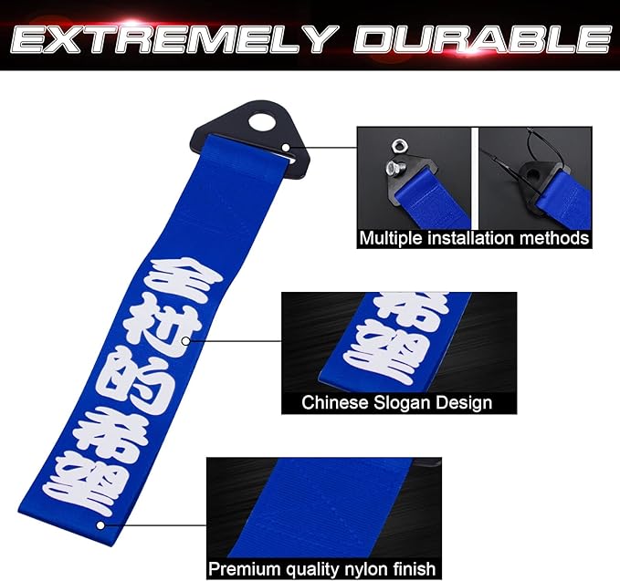 x xotic tech Tow Strap JDM Sports Blue Racing Tow Strap Car Modification Decorative Trailer Belt Personalized with Chinese Slogan Fit for Rear Front Bumper (Good Luck/The Hope of Whole Village)