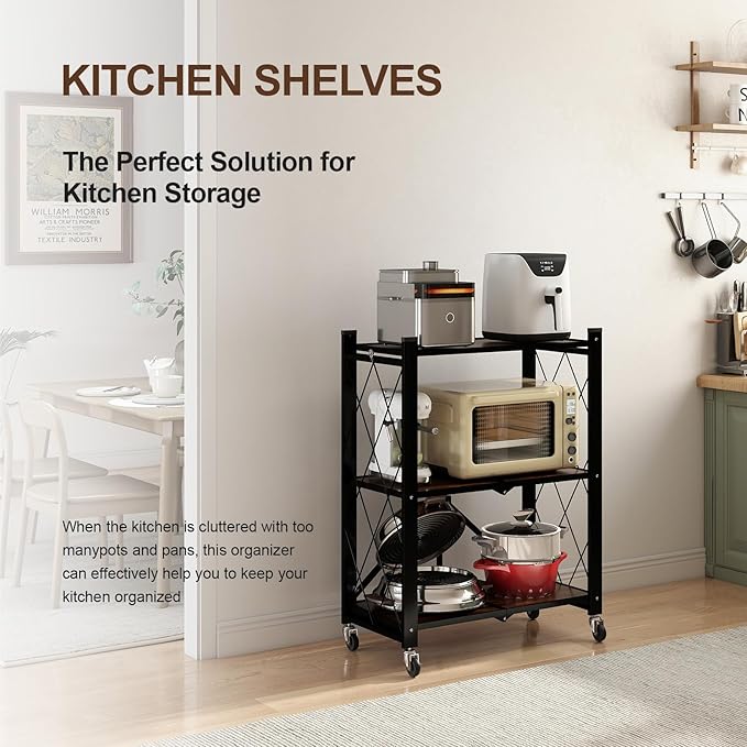 3 Tier Folding Shelf with Wheels, Wood and Metal Bookshelf, no Assembly Foldable Storage Shelves, Vintage Storage Rack for Living Room, Bedroom, and Home Office