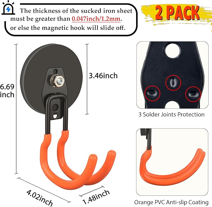 ULIBERMAGNET New Upgraded Ultra-Strong Magnetic Hooks,2 Pack Heavy Duty Ultimate Magnetic Hooks with 40LB Hold for Extension Cord, Hose, Rope, D-Handle Tools, Garden Tools (Orange/3.46inch)