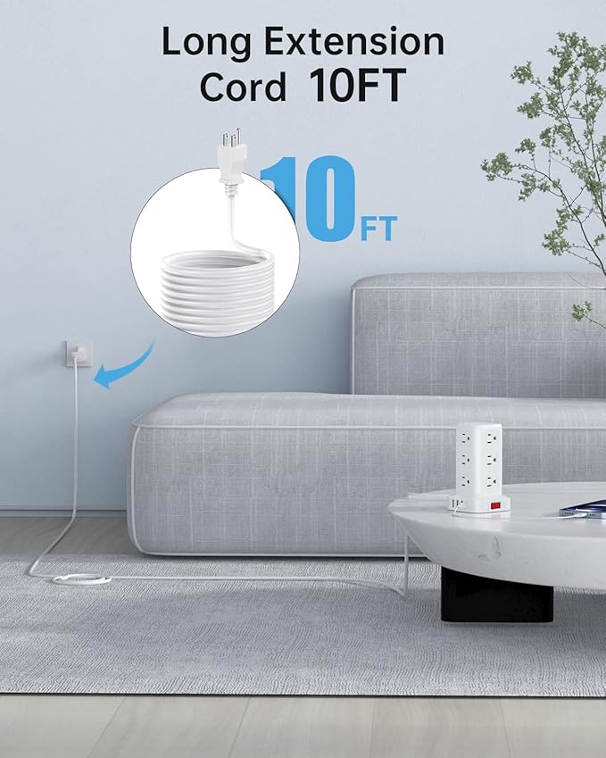AnnTane Surge Protector Power Strip 10 FT Cord, Power Strip Tower with 4 USB Ports (1USB C), Extension Cord with 12 AC Multiple Outlets, Home Office Supplies Desk Accessories, Dorm Room Essentials