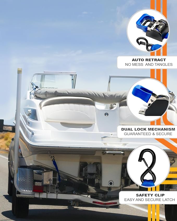 Strapinno 2PCS Stainless Steel Retractable Ratchet Straps (1 7/8 in x 4 ft) Transom Tie Downs for Boat Trailer - Extra Mounting Brackets & Bolt Set, Safety Latch S-Hook, Break Strength 1,650LB/750KG