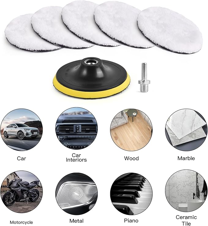 7 Pcs 5 Inch (125 mm) Wool Polishing Buffing Pad Car Polisher Buffer Drill Attachment with M14 Drill Adapter