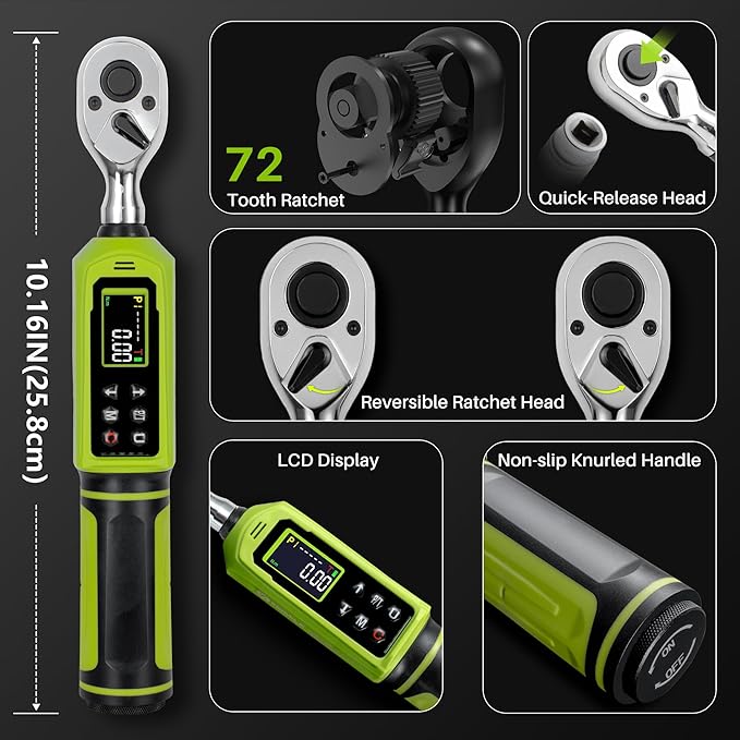 Digital Torque Wrench 3/8" Drive-0.66-44.25Ft.Lb, 0.9-60 N.m, Electric Torque Wrench With Adjustable Vibration Buzzer LED Indicator,±2% Accuracy Five Units for Bike Motorcycle Car Auto Repair