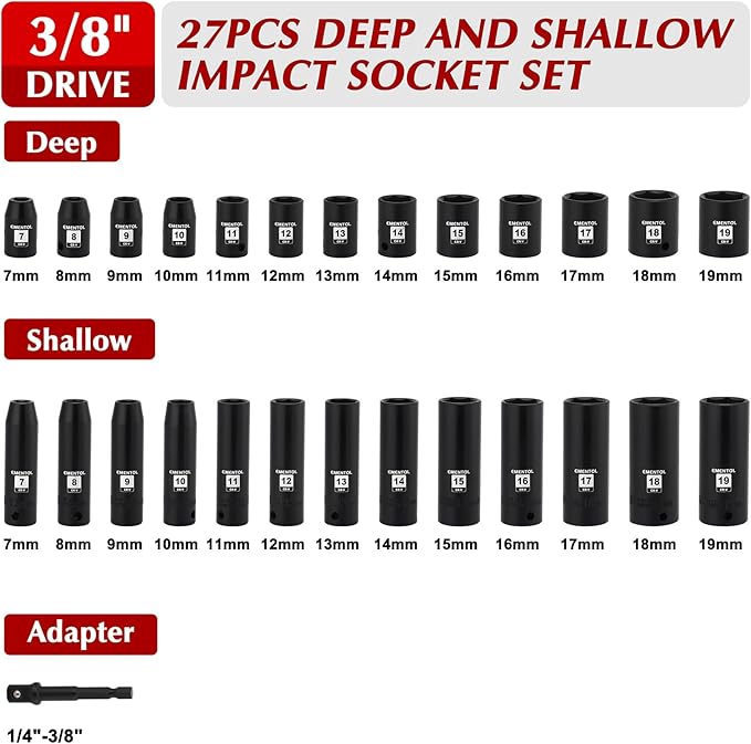 EMENTOL 3/8" Drive Impact Socket Set, 27PCS, Metric(7mm to 19mm), Deep and Shallow, 6 Point, Includes Drill Bit Adapter