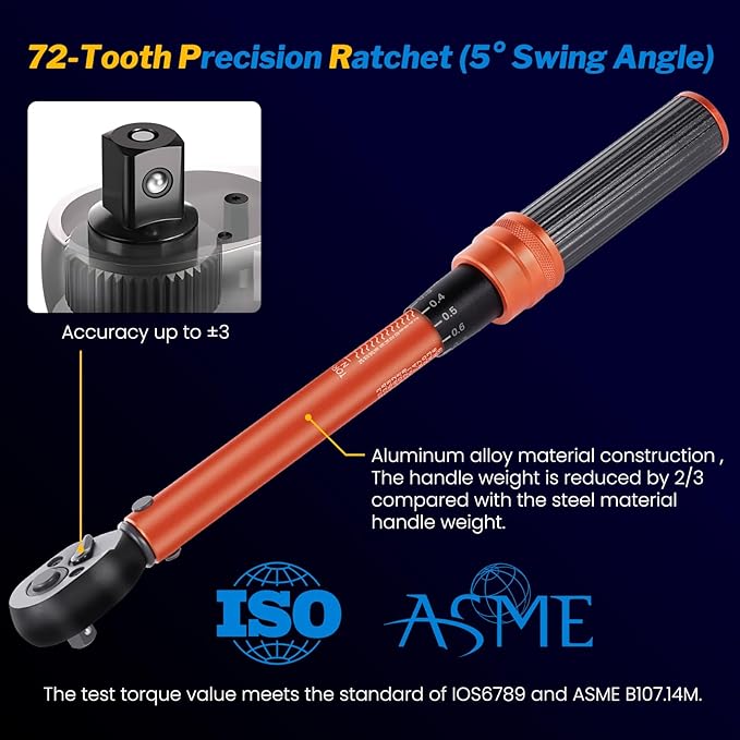 50PCS Bike Torque Wrench Set, 1/4 Inch Torque Wrench(1~25 Nm/8.9~221.3 in-lb), 72-Tooth Gear, Dual-Direction Click Type, 0.1 Nm Micro, Inch Pound Torque Wrench with Bit Sockets, Bike Tool Kit
