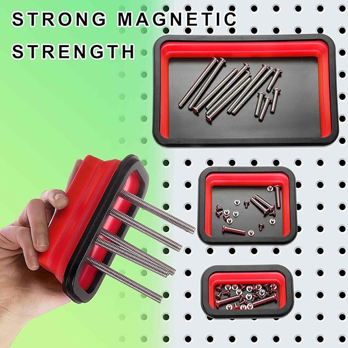 HARFINGTON 3pcs Collapsible Magnetic Parts Tray Set 3 Different Size Foldable Small Metal Parts Tool Tray Rectangle Silicone Bowls for Fixing Screw Bolts Nuts Washers Pins, Red