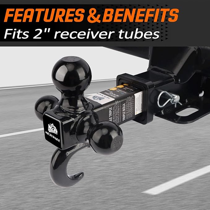 MEOTWARE Trailer Hitch Tri-Ball Mount with Hook - Heavy Duty Trailer Ball Size 1-7/8", 2" and 2-5/16", Fits 2 Inch Receiver Pickup Truck Hitch Receiver Pin and Clip Included