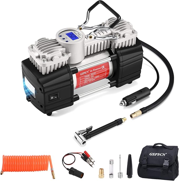 GSPSCN 6X Faster Inflation Portable 12V Air Compressor Pump Digital Display Tire Inflator with LED Flashlight, Heavy Duty Dual Cylinder Tire Pump 150 PSI for Auto,SUV,Off-Road,Truck,RV,Bike etc
